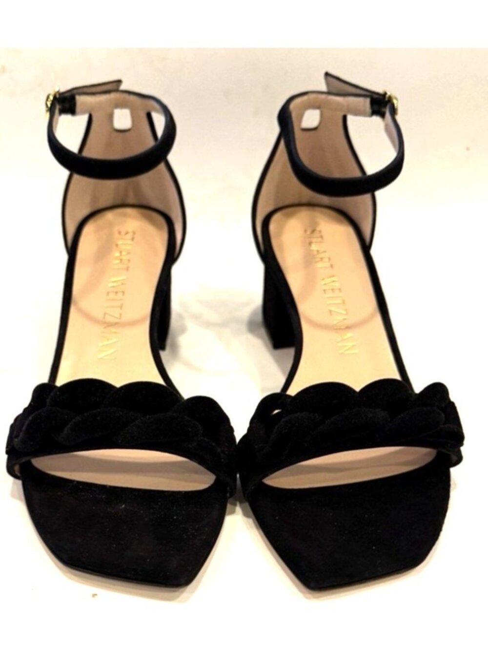 STUART WEITZMAN Amelina Chain Sandals Suede Block Heel Ankle Strap Buckle Size 8